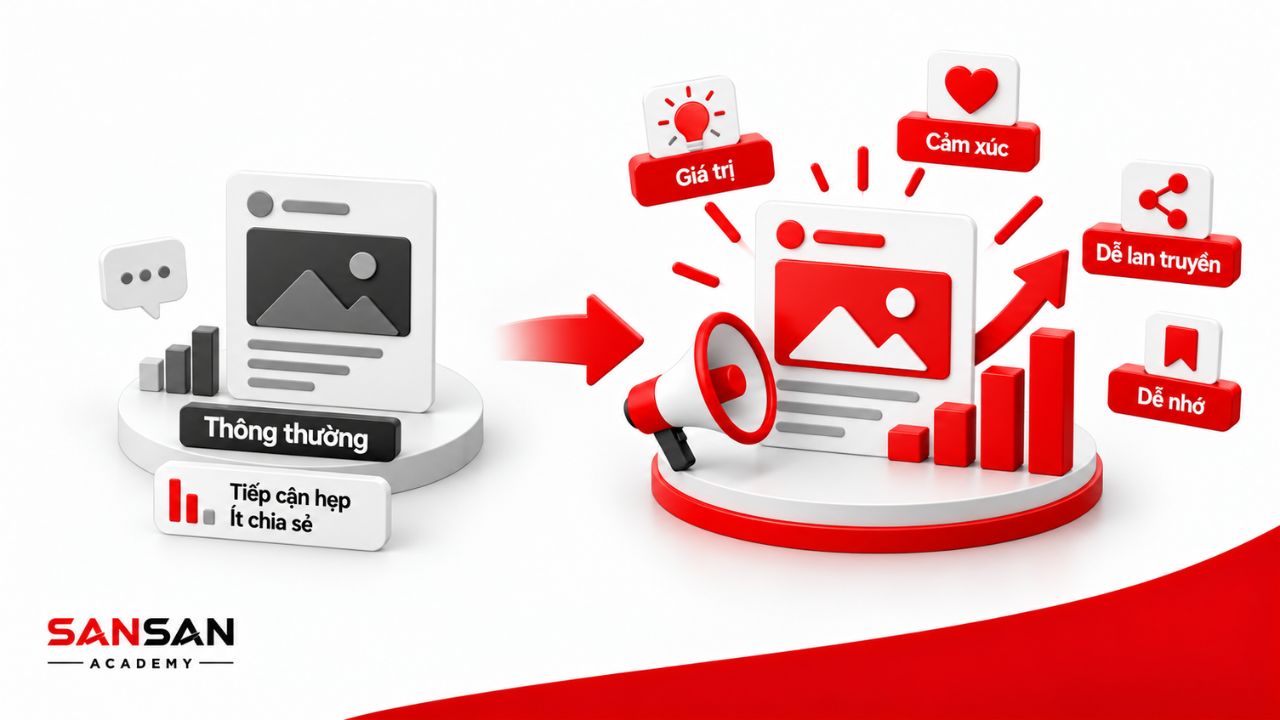 So sánh nội dung thông thường với viral content có giá trị, cảm xúc, dễ nhớ và dễ lan truyền.