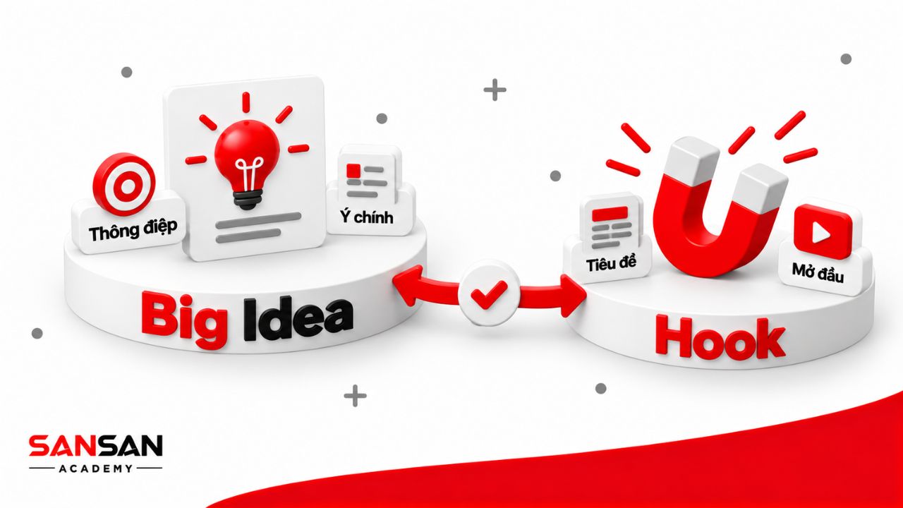 Big Idea gồm thông điệp và ý chính, kết nối với Hook qua tiêu đề và phần mở đầu.