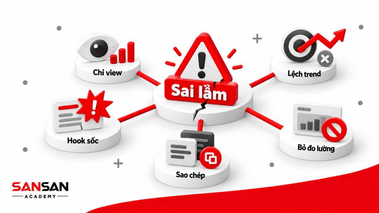 Sai lầm khi làm viral content gồm chỉ nhìn view, lệch trend, hook sốc, sao chép và bỏ đo lường.