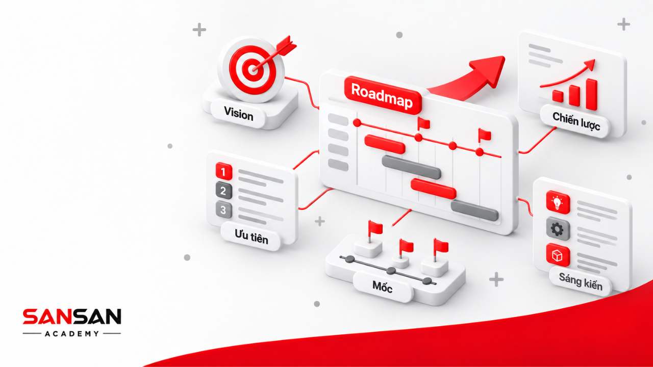 Product Roadmap thể hiện mối liên kết giữa tầm nhìn, chiến lược, ưu tiên, sáng kiến và các mốc phát triển