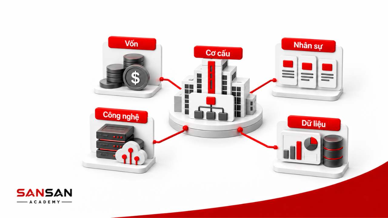 Cơ cấu và nguồn lực gồm vốn công nghệ nhân sự và dữ liệu