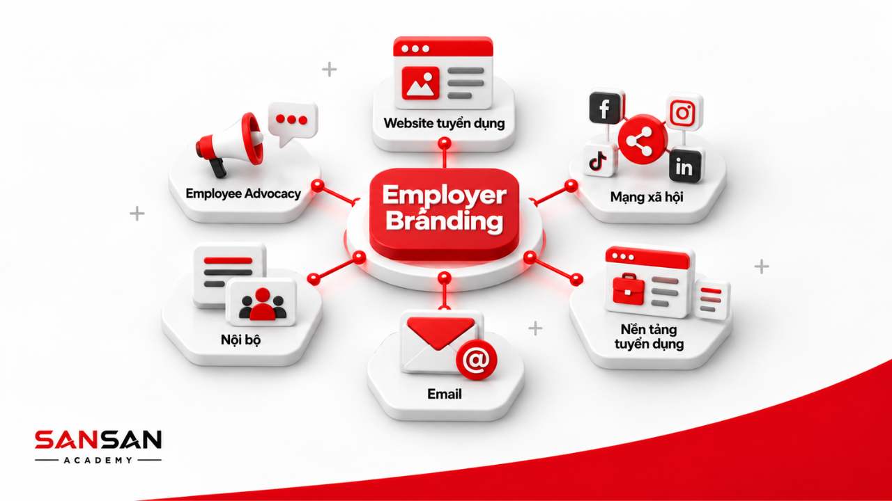 Các kênh Employer Branding gồm website tuyển dụng, mạng xã hội, nền tảng tuyển dụng, email và nội bộ