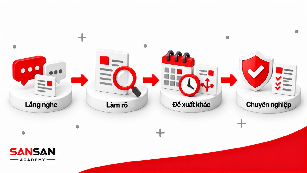 Khi kết quả deal chưa đạt kỳ vọng, ứng viên có thể lắng nghe phản hồi, làm rõ nguyên nhân, đề xuất phương án khác và giữ cách ứng xử chuyên nghiệp.