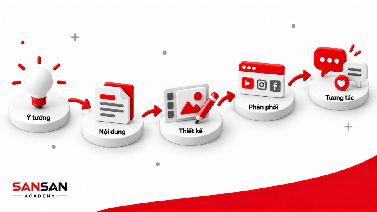 Quy trình sáng tạo nội dung Marketing từ ý tưởng, phát triển nội dung, thiết kế, phân phối đến tương tác với khách hàng
