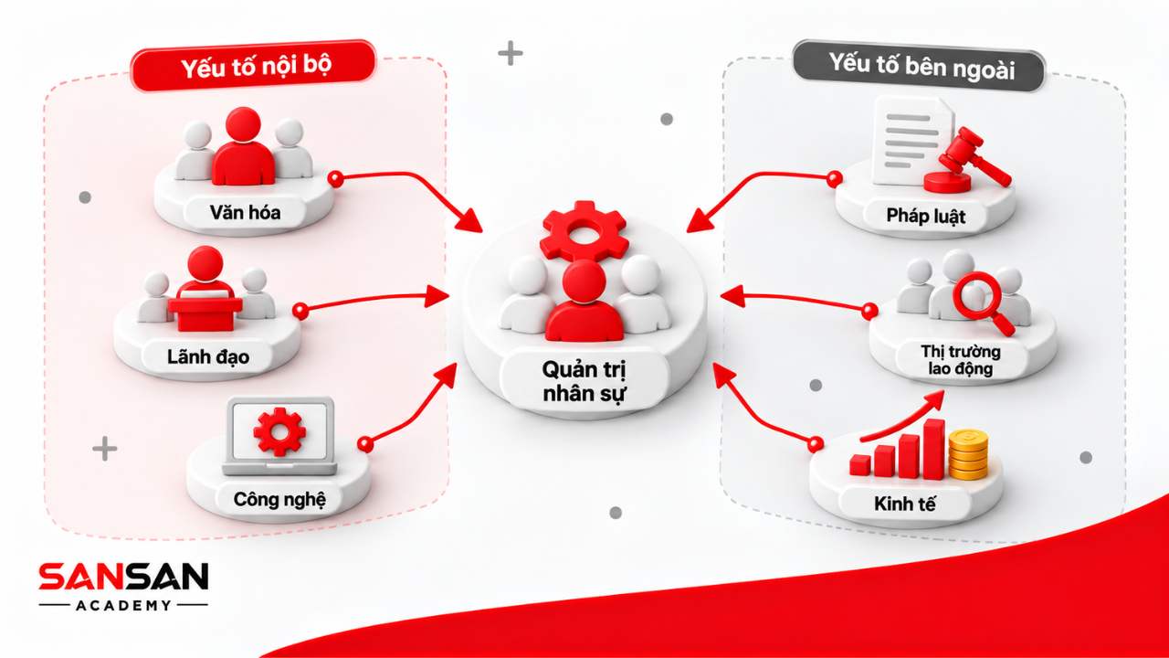 Yếu tố ảnh hưởng đến quản trị nhân sự gồm văn hóa, lãnh đạo, công nghệ, pháp luật, thị trường lao động và kinh tế