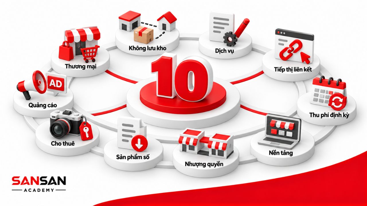 Mười nhóm mô hình kinh doanh từ thương mại, dịch vụ đến nền tảng và cho thuê