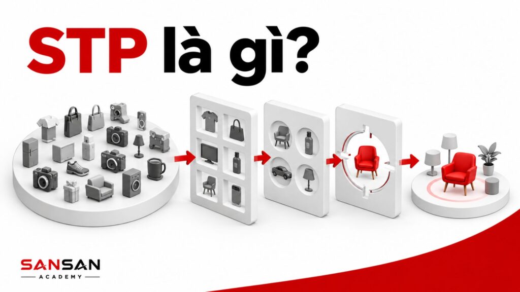 Minh họa quy trình STP từ thị trường rộng đến phân khúc, lựa chọn khách hàng mục tiêu và định vị sản phẩm.