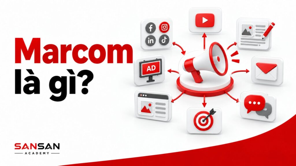 Marcom là gì với loa truyền thông kết nối quảng cáo, mạng xã hội, video, email, website, nội dung và các điểm chạm với khách hàng.