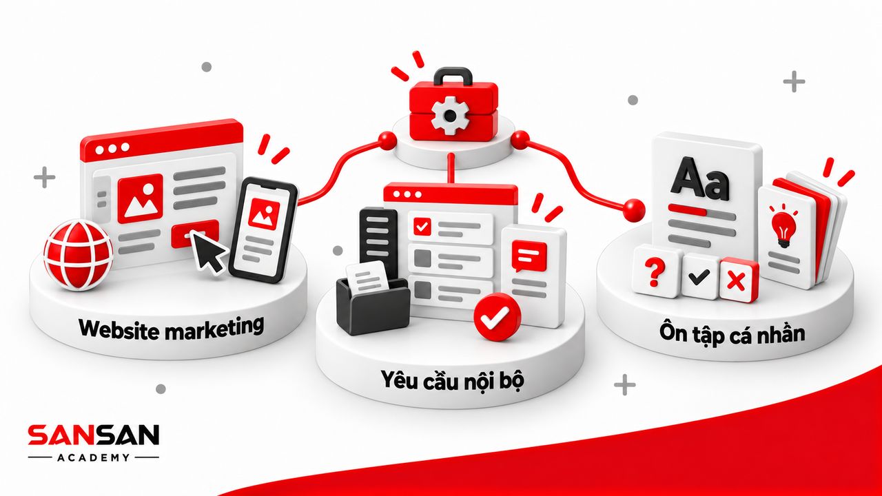 Ba ứng dụng gồm website marketing, quản lý yêu cầu và ôn tập