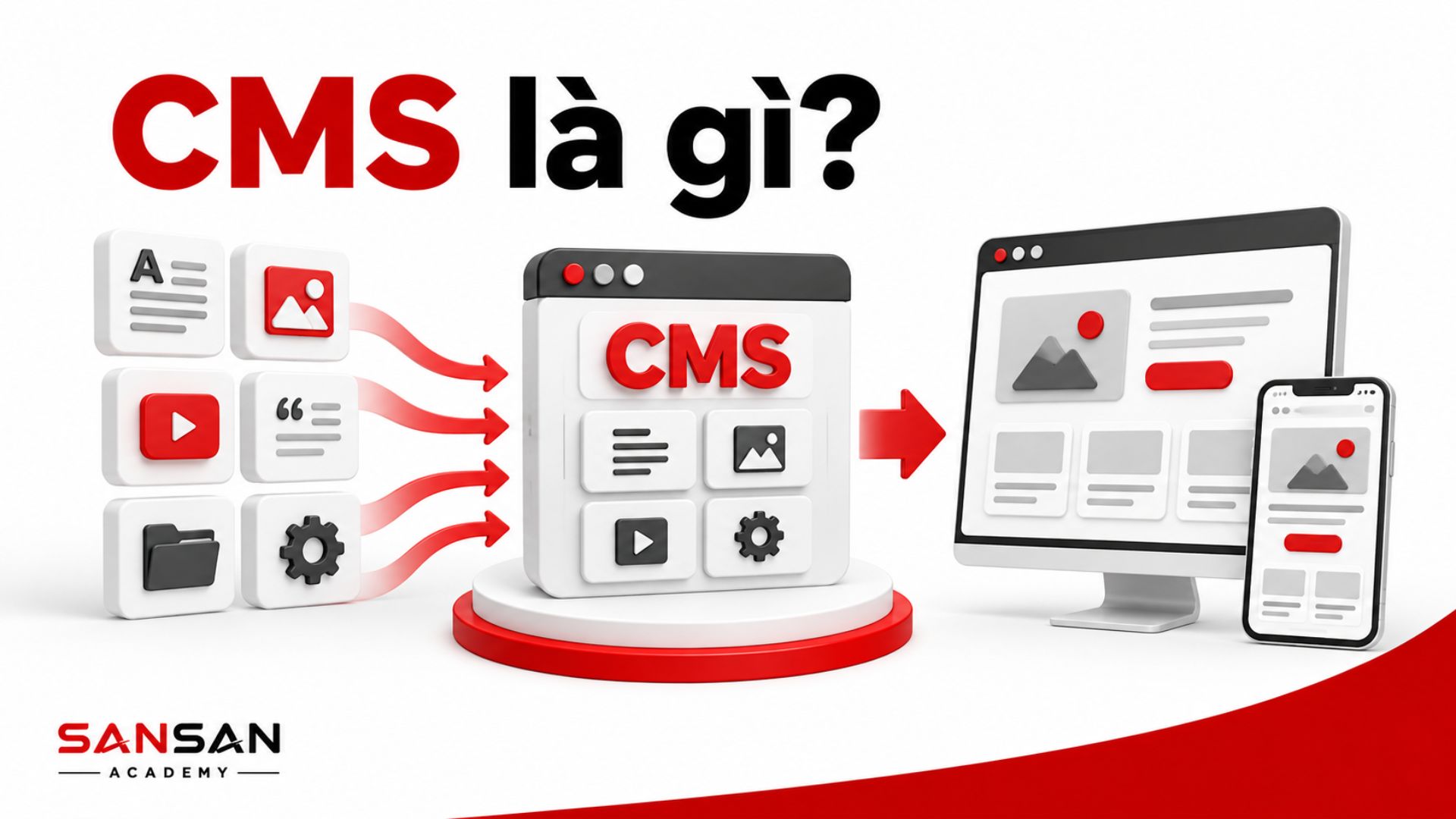 CMS là hệ thống quản trị nội dung giúp tập trung văn bản, hình ảnh, video và tệp để xây dựng và cập nhật website trên nhiều thiết bị.