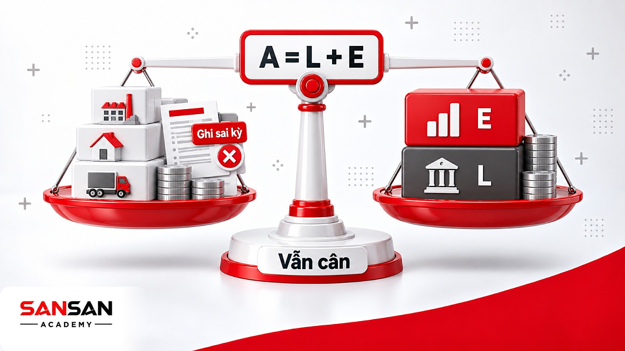 Cán cân phương trình kế toán A = L + E vẫn thăng bằng dù có bút toán sai kỳ, theo 7 nguyên tắc kế toán