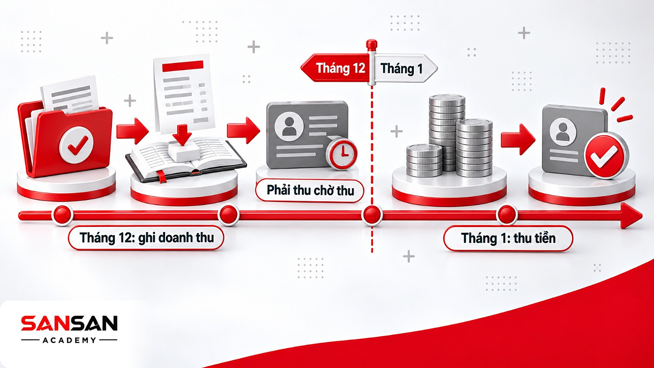 Dòng thời gian cơ sở dồn tích trong 7 nguyên tắc kế toán: doanh thu ghi tháng 12, tiền về tháng 1