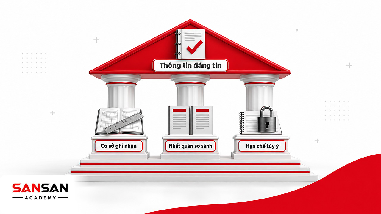 Ngôi đền ba cột trụ thể hiện vai trò của 7 nguyên tắc kế toán trong ghi nhận, so sánh và hạn chế xử lý tùy ý