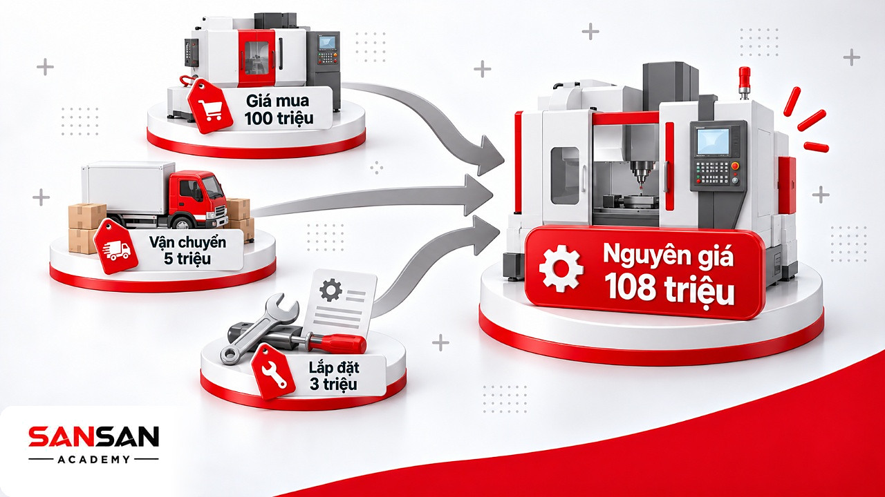 Giá mua, vận chuyển và lắp đặt cùng quy về nguyên giá 108 triệu đồng theo nguyên tắc giá gốc trong 7 nguyên tắc kế toán