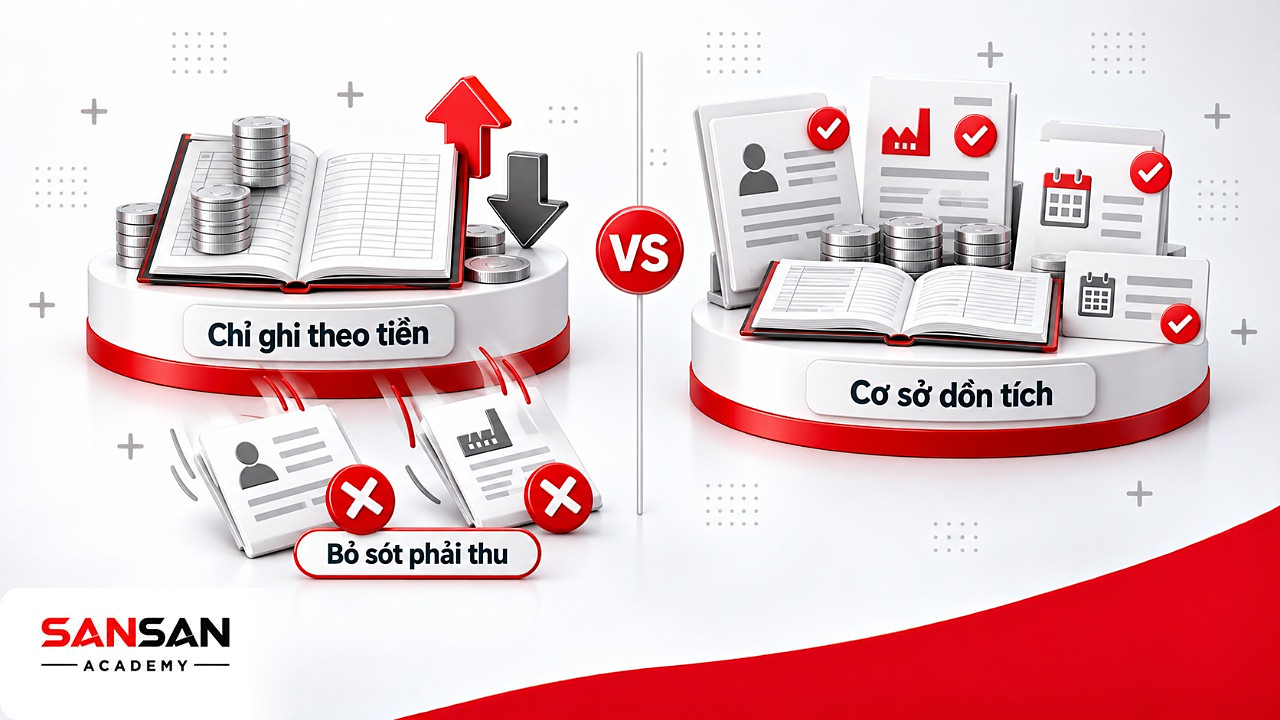 So sánh sổ chỉ ghi theo tiền với sổ theo cơ sở dồn tích trong 7 nguyên tắc kế toán
