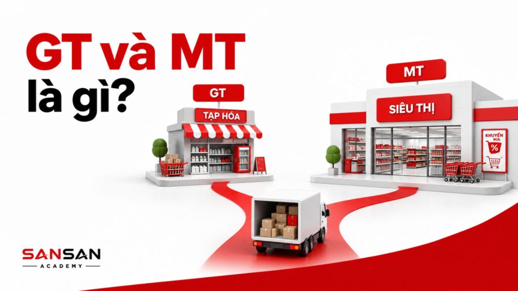 GT và MT là hai nhóm kênh phân phối gồm General Trade như tạp hóa và Modern Trade như siêu thị.