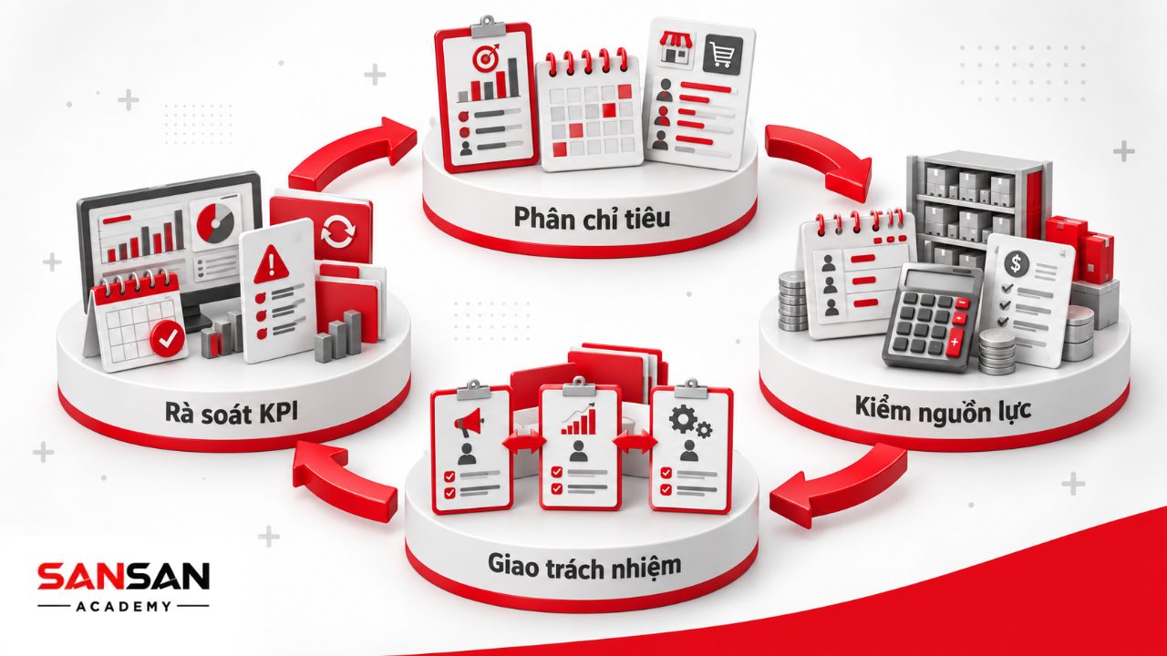 Nửa sau 9 bước lập kế hoạch bán hàng gồm phân bổ chỉ tiêu, dự toán nguồn lực, phân công công việc và thiết lập KPI cùng phương án dự phòng.