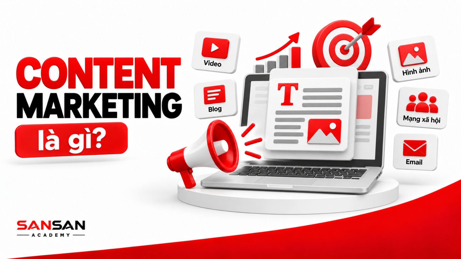Content Marketing sử dụng bài viết, video, hình ảnh, blog, mạng xã hội và email để thu hút khách hàng và hỗ trợ mục tiêu Marketing.