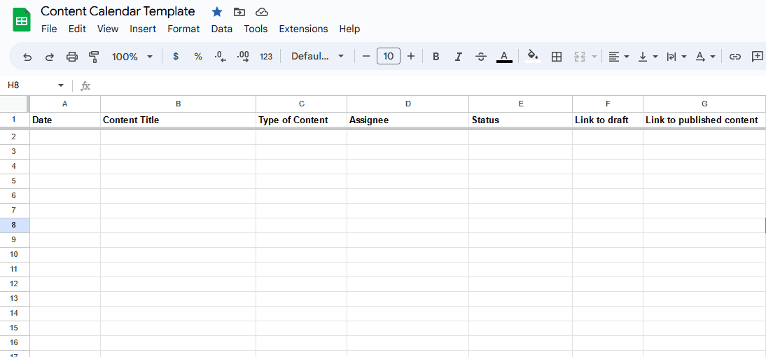 Content Calendar Template trên Google Sheets gồm ngày đăng, tiêu đề, loại nội dung, người phụ trách, trạng thái và liên kết bài viết
