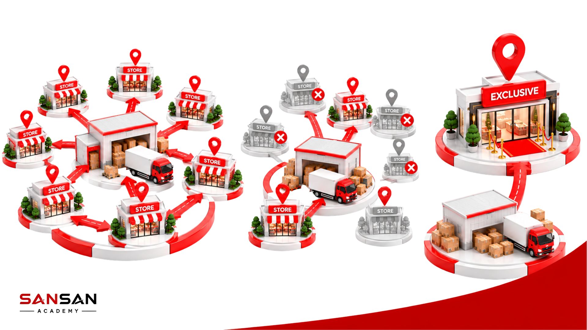 Ba chiến lược phân phối trong Place gồm phân phối rộng rãi, phân phối chọn lọc và phân phối độc quyền