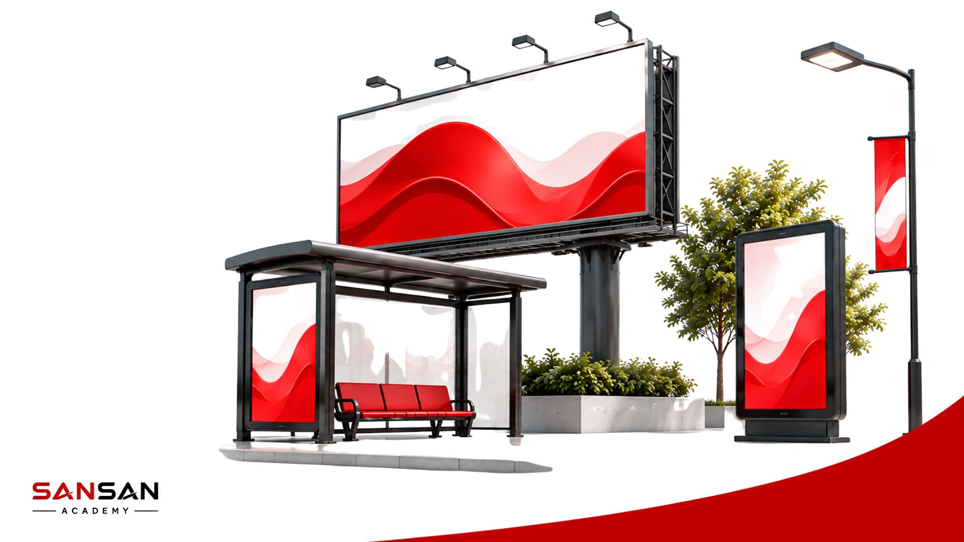 Các hình thức quảng cáo OOH phổ biến gồm billboard, biển quảng cáo tại trạm xe buýt và màn hình quảng cáo ngoài trời