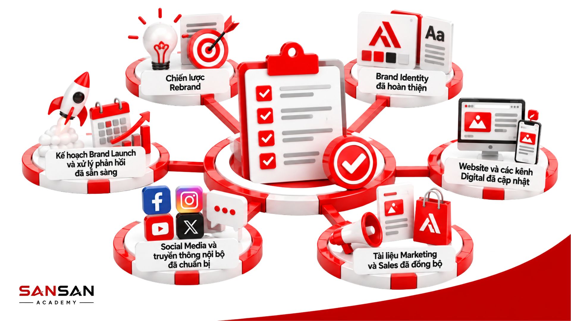 Checklist trước khi công bố thương hiệu mới gồm chiến lược, Brand Identity, Website, Marketing và Brand Launch