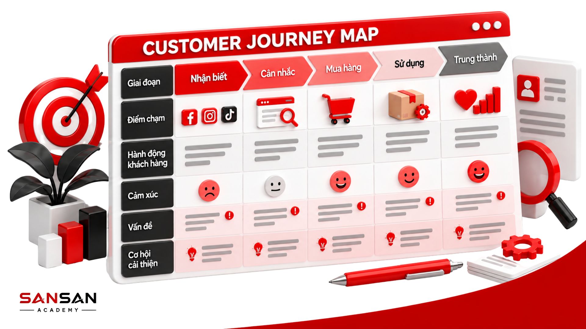 Customer Journey Map thể hiện các giai đoạn, điểm chạm, hành động, cảm xúc, vấn đề và cơ hội cải thiện của khách hàng