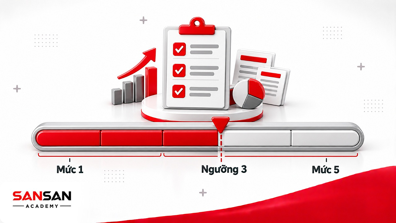 Thang điểm từ 1 đến 5 với ngưỡng 3 để tìm điểm nghẽn theo ADKAR Model