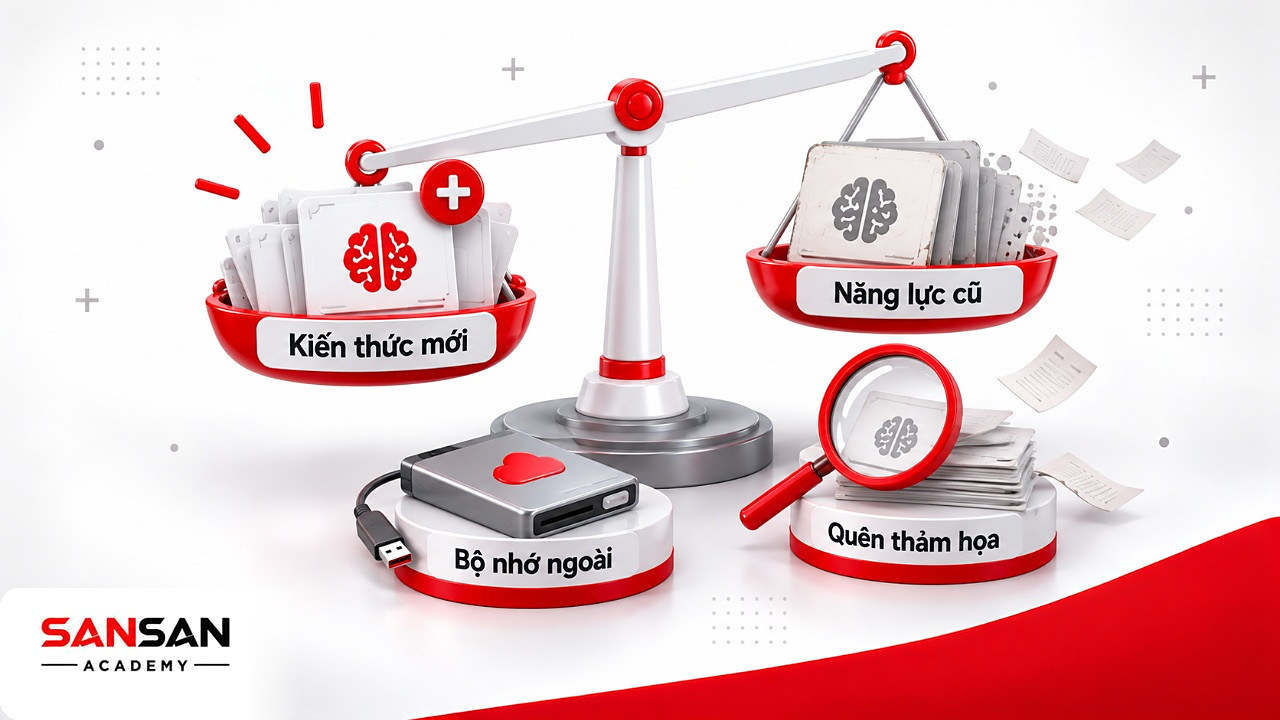 Cán cân giữa kiến thức mới và năng lực cũ, minh họa vấn đề quên thảm họa trên đường phát triển AGI