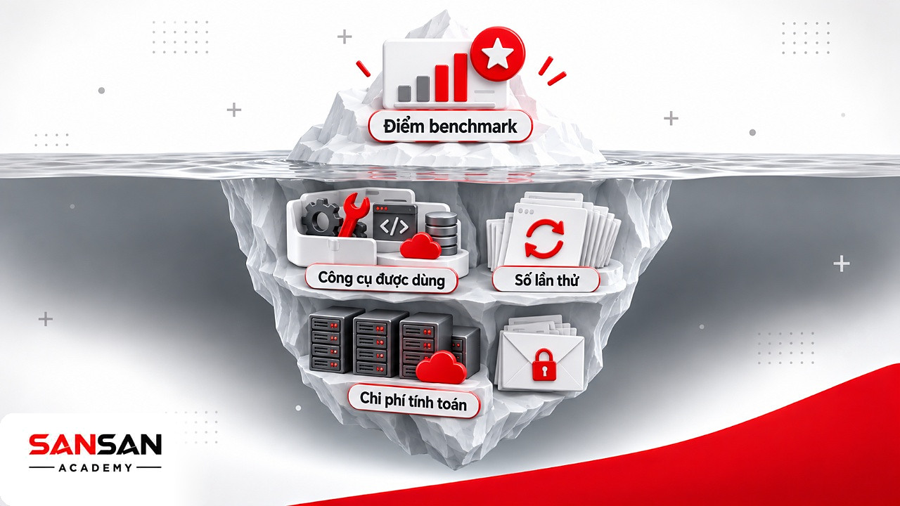 Tảng băng chìm với điểm benchmark ở trên, công cụ, số lần thử và chi phí tính toán ở dưới khi đánh giá AGI