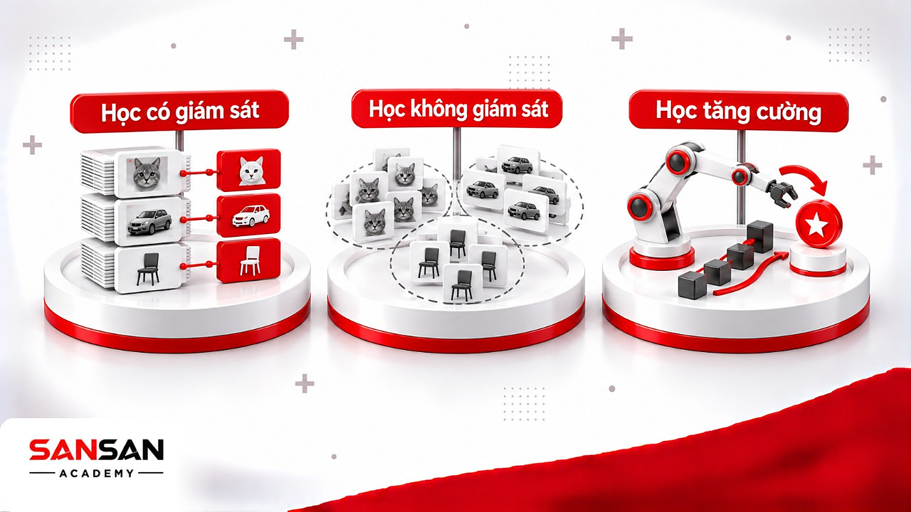 Ba bệ mô tả cách AI học máy: học có giám sát, học không giám sát và học tăng cường