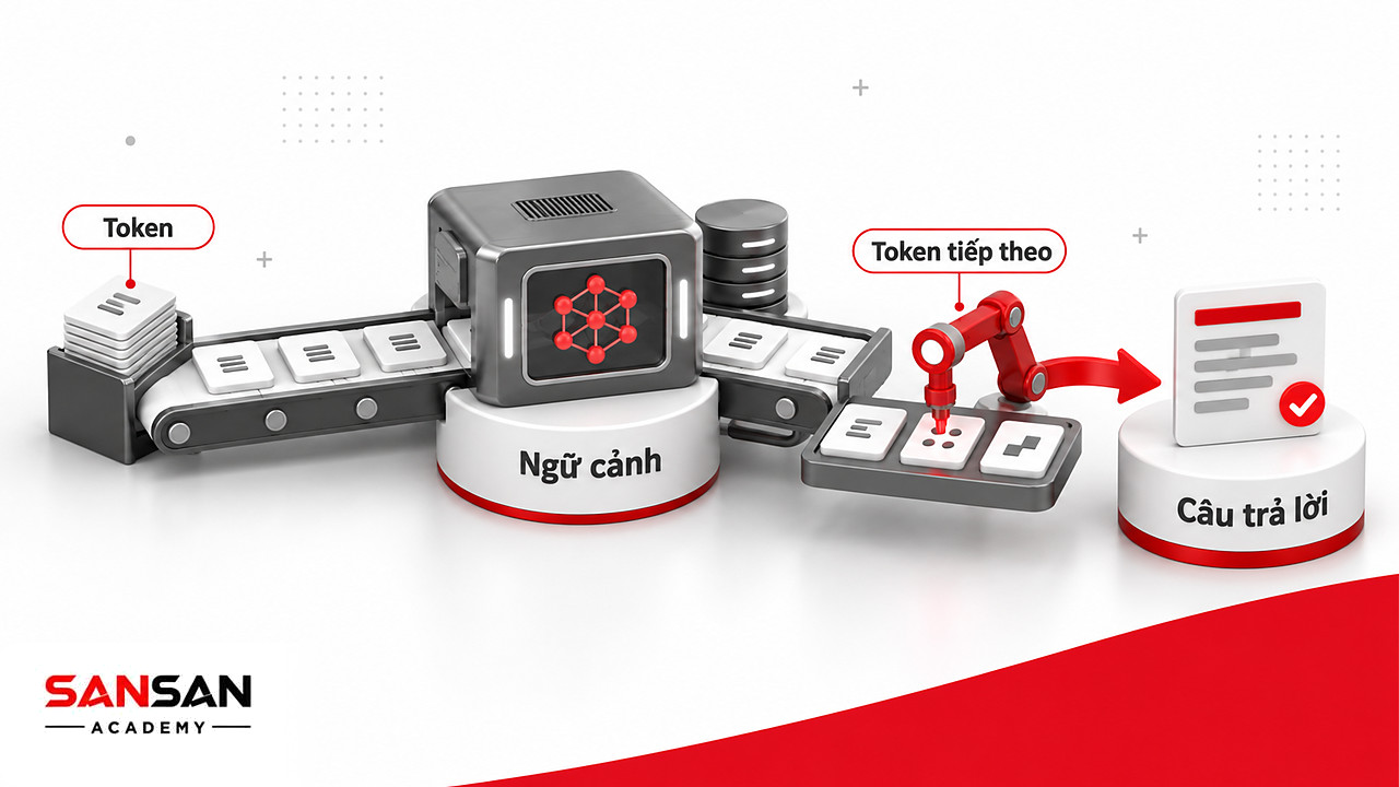 Băng chuyền token cho thấy AI tạo sinh chọn từng token tiếp theo theo ngữ cảnh để ghép câu trả lời