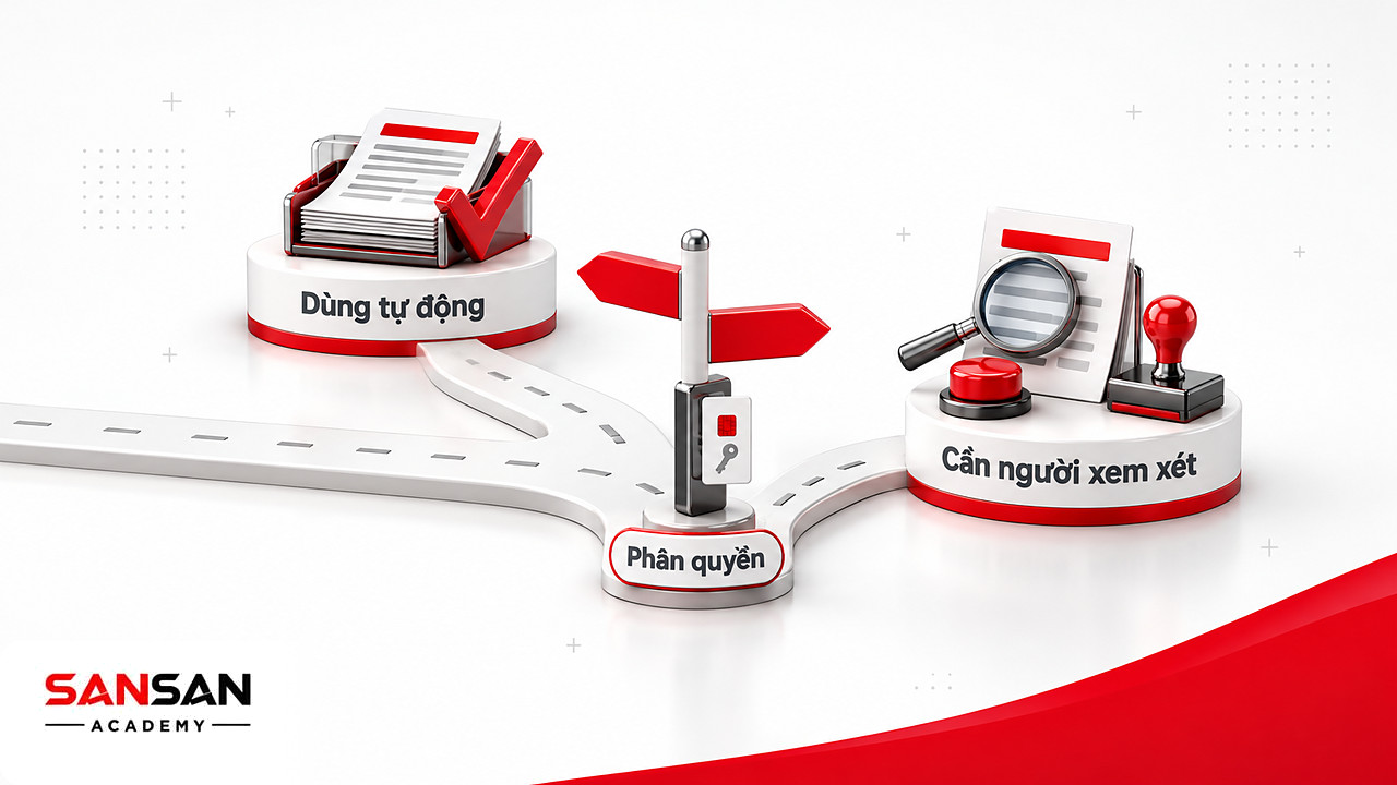 Ngã rẽ cho thấy đầu ra AI được dùng tự động hoặc chuyển cho người giám sát xem xét trước khi dùng