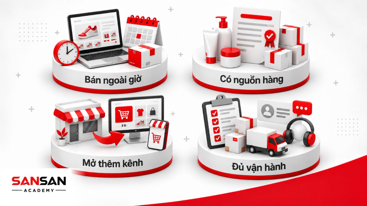 Các nhóm phù hợp bán hàng online tại nhà gồm người bán ngoài giờ, người có nguồn hàng và doanh nghiệp mở thêm kênh trực tuyến.