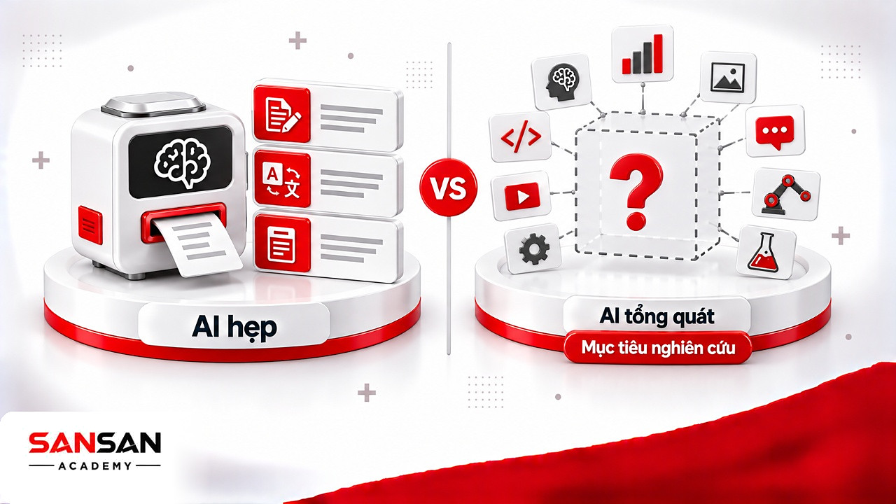 So sánh AI hẹp làm tốt một nhóm nhiệm vụ với AI tổng quát vẫn là mục tiêu nghiên cứu