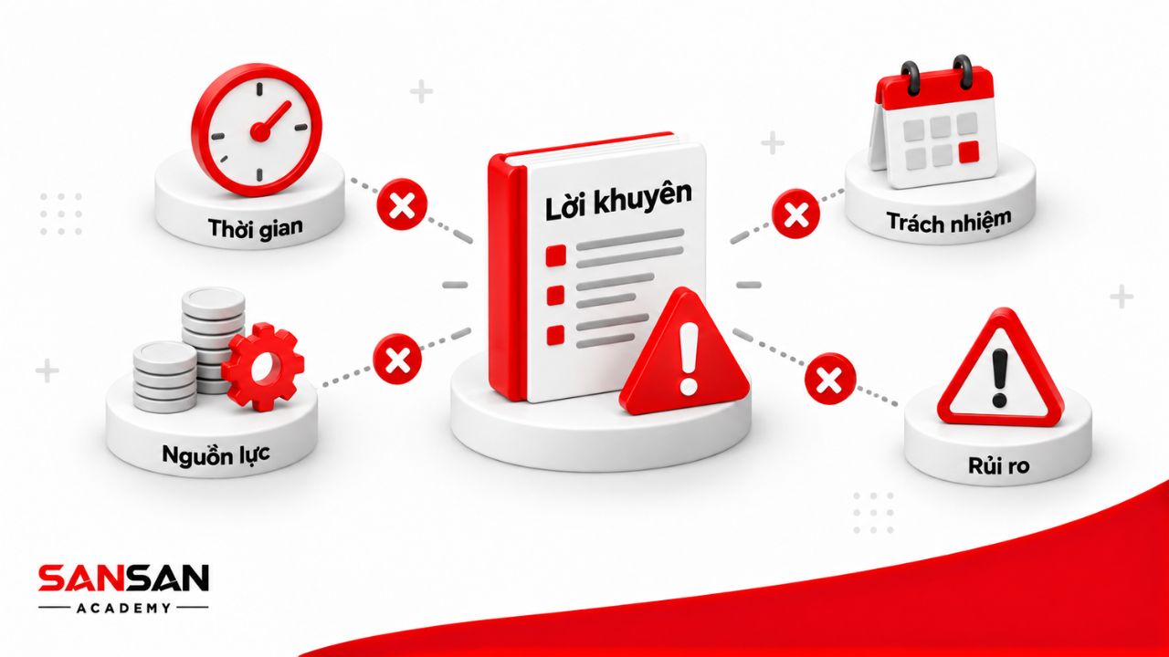 Lời khuyên thiếu phù hợp với thời gian, nguồn lực, trách nhiệm và rủi ro.