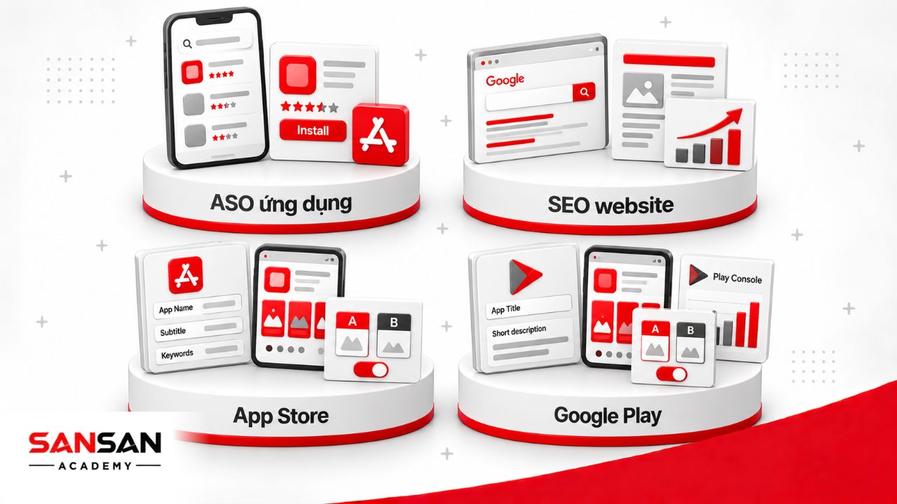 So sánh ASO và SEO cùng khác biệt giữa App Store và Google Play về metadata, thử nghiệm và cách đo lường.