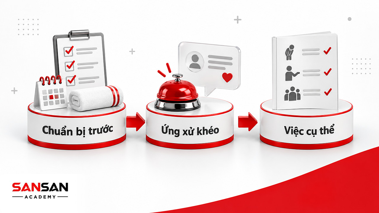 Ba bệ trắng đặt danh sách chuẩn bị, chuông phục vụ và sổ hướng dẫn hành vi theo tinh thần Omotenashi