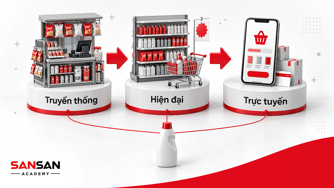 Ba bệ tạp hóa, siêu thị và điện thoại mua sắm trực tuyến thể hiện các kênh phân phối FMCG