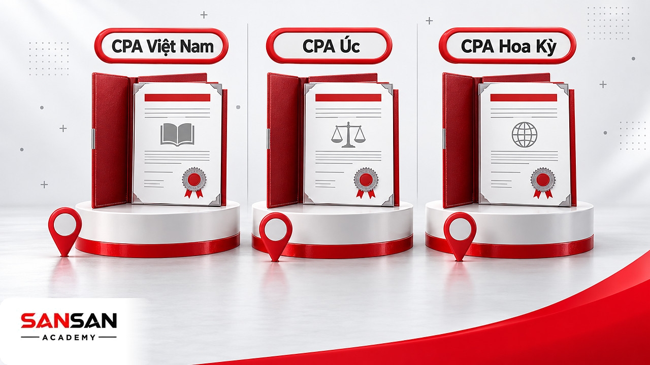 Ba bệ đặt chứng chỉ CPA Việt Nam, CPA Úc và CPA Hoa Kỳ với cơ quan cấp và thị trường khác nhau