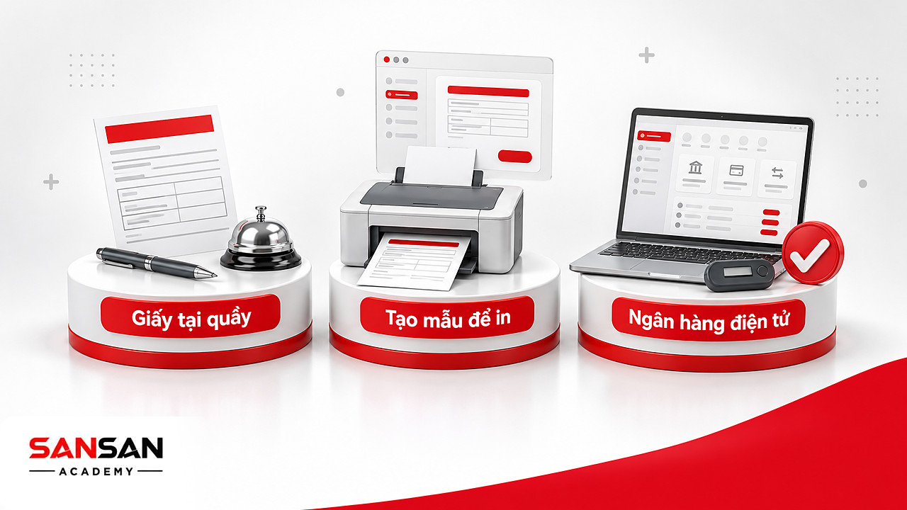 Ba bệ cho ba hình thức lập ủy nhiệm chi: giấy tại quầy, tạo mẫu trực tuyến để in và lệnh trên ngân hàng điện tử