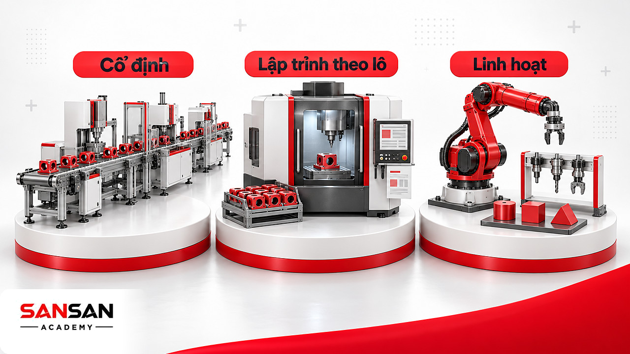 Ba bệ đặt cạnh nhau cho ba hình thức tự động hóa sản xuất: cố định, lập trình theo lô và linh hoạt