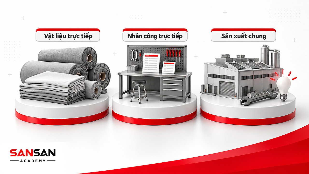 Ba khoản mục chi phí sản xuất: nguyên vật liệu trực tiếp, nhân công trực tiếp và sản xuất chung