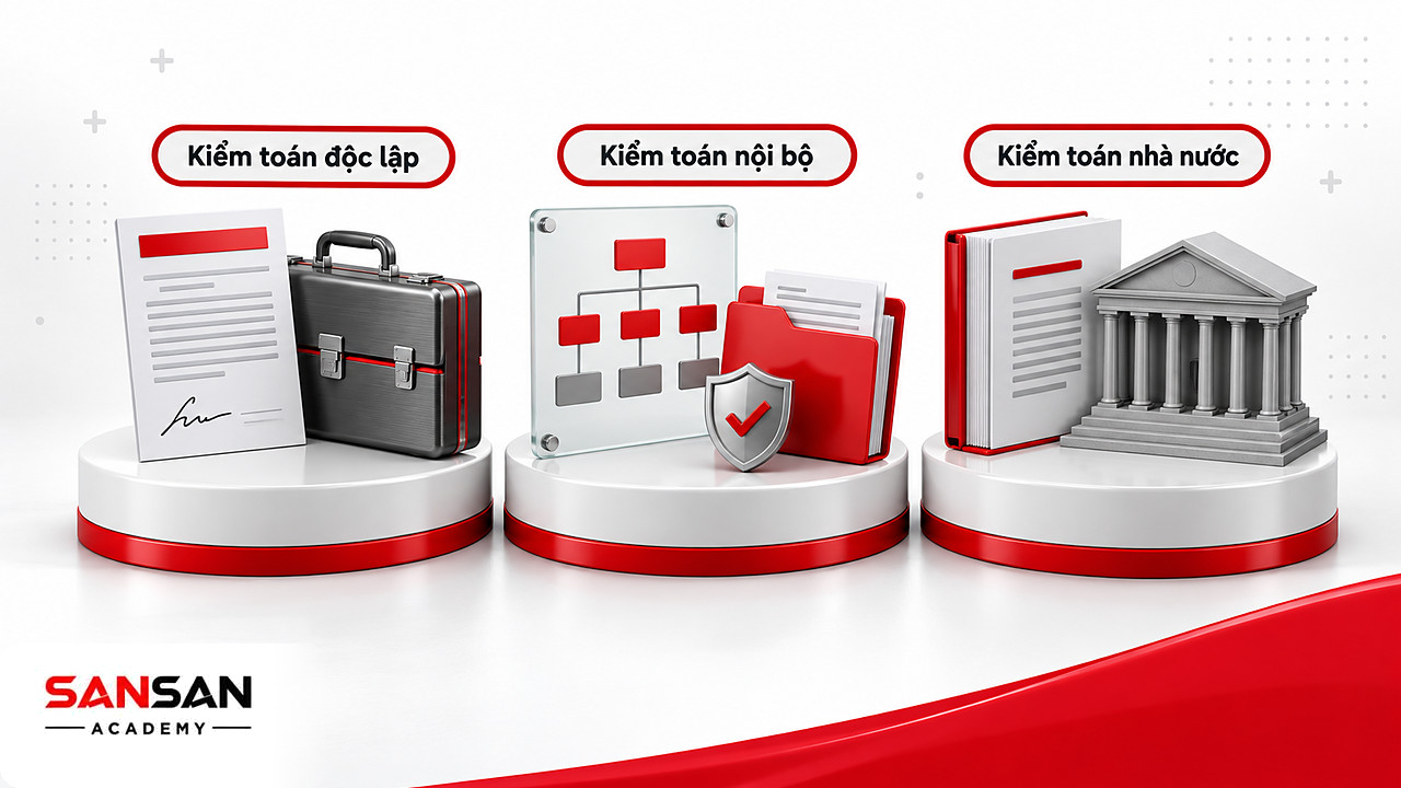 Ba bệ đặt cạnh nhau cho kiểm toán độc lập theo hợp đồng, kiểm toán nội bộ và kiểm toán nhà nước