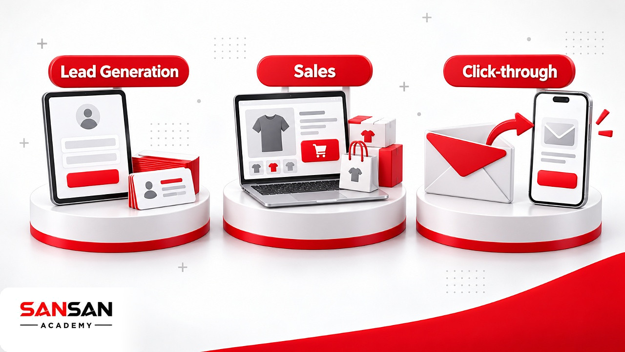 Ba bệ đặt cạnh nhau cho ba loại Landing Page thu thập khách hàng tiềm năng, bán hàng và chuyển tiếp