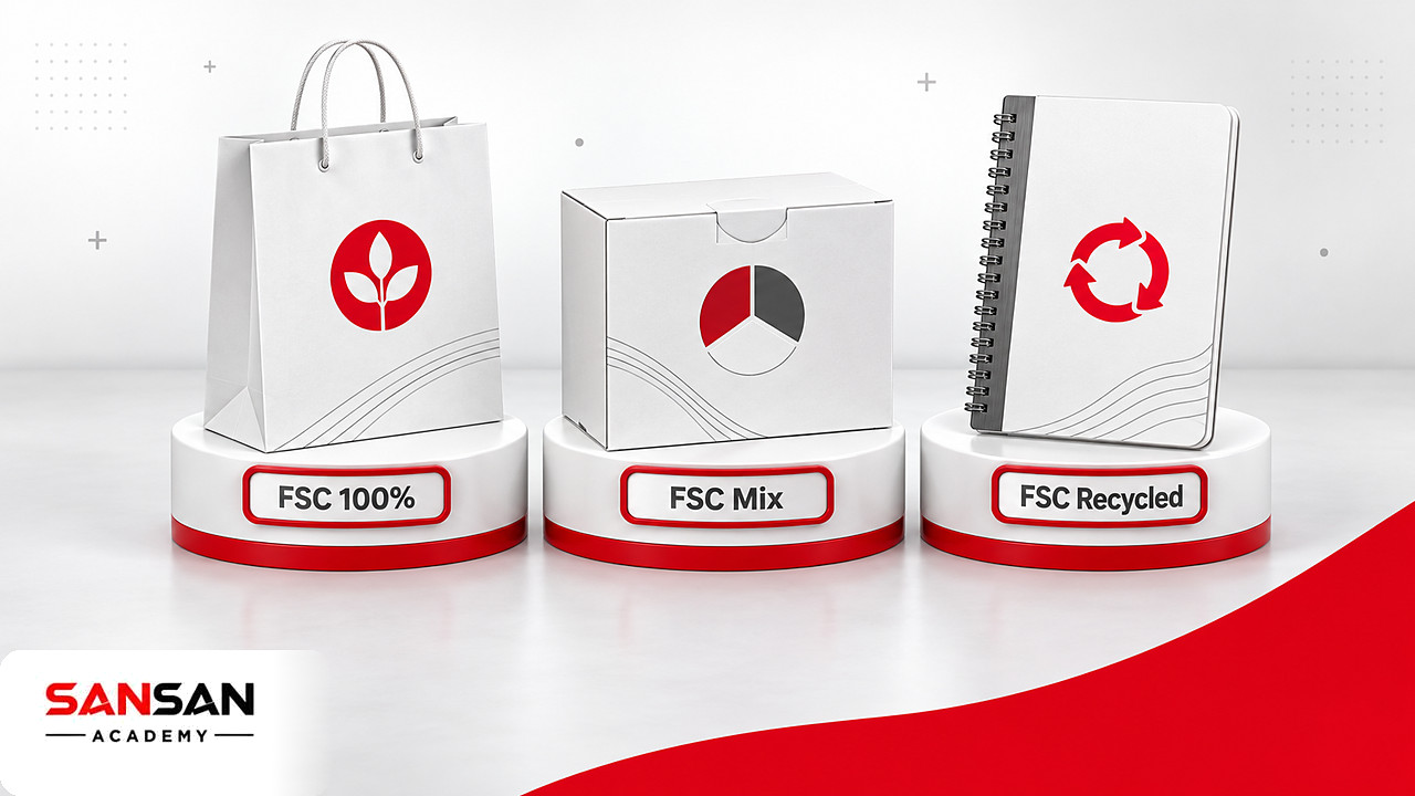 Ba bệ đặt ba sản phẩm giấy mang nhãn FSC 100%, FSC Mix và FSC Recycled để phân biệt các loại nhãn FSC