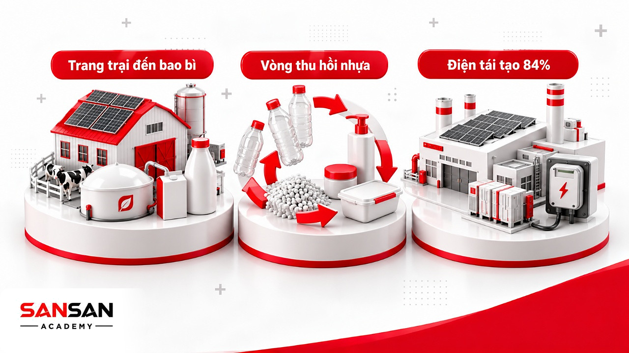 Ba bệ mô hình trang trại năng lượng mặt trời, vòng thu hồi nhựa và nhà máy điện tái tạo trong chuỗi cung ứng xanh