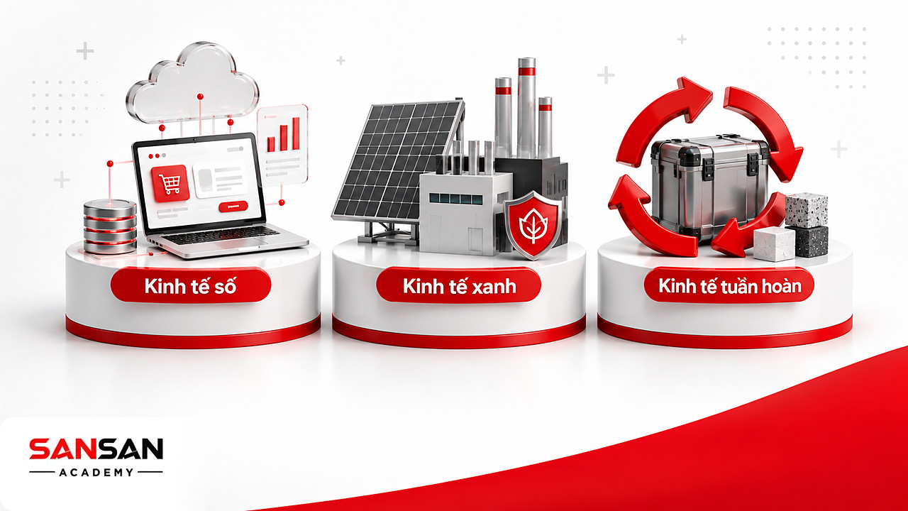 Ba bệ mô hình kinh tế số, kinh tế xanh và kinh tế tuần hoàn đặt cạnh nhau