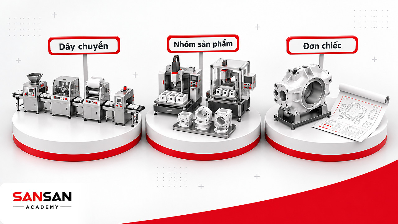 Ba mô hình tổ chức quy trình sản xuất: dây chuyền, theo nhóm sản phẩm và đơn chiếc theo yêu cầu