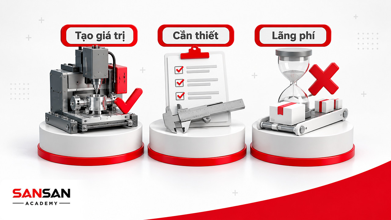 Ba bệ phân biệt hoạt động tạo giá trị, hoạt động cần thiết và lãng phí trong Lean Manufacturing